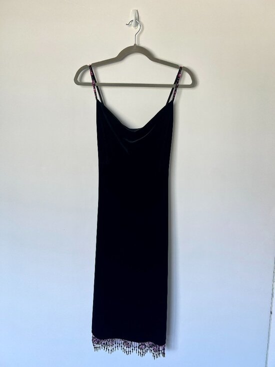 Betsey Johnson Dresses & Skirts - Vintage Y2K Betsey Johnson Black Velvet Beaded Fringe Dress S